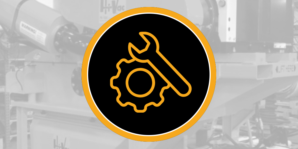 Orange wrench-and-gear icon in a black circle overlaid on a grayscale Hi‑Vac industrial vacuum equipment shop
