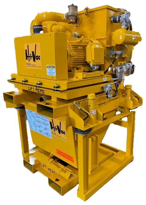 Yellow Hi-Vac industrial vacuum unit with motor, pump and valves mounted on rugged steel frame for heavy-duty vacuum service