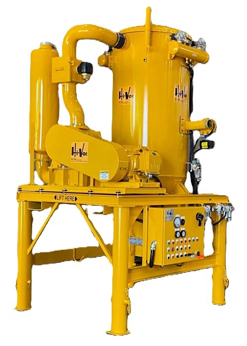 Yellow Hi-Vac skid-mounted industrial vacuum system with cyclonic tank, piping and control panel for equipment cleaning.