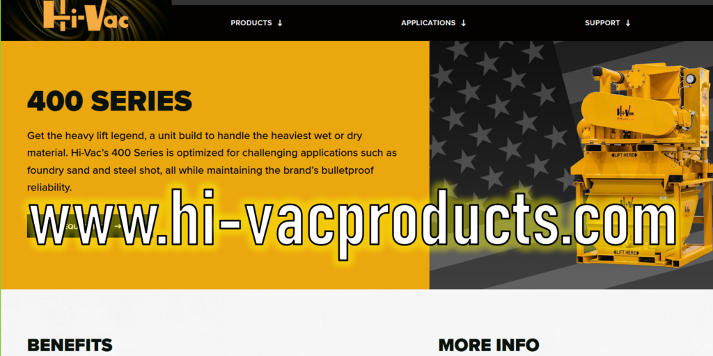 Hi‑Vac 400 Series page: '400 SERIES' on yellow panel, large www.hi‑vacproducts.com overlay and yellow Hi‑Vac vacuum unit